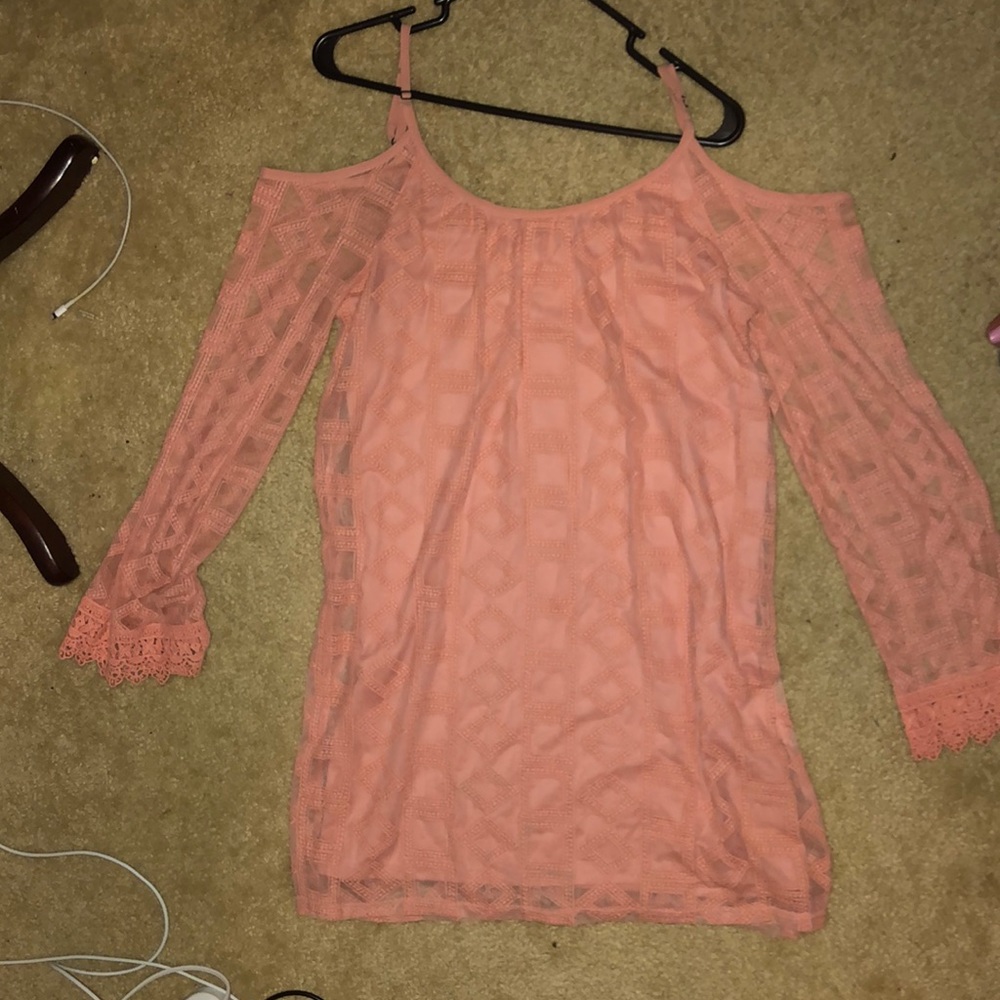 Coral pink long sleeve lace off the shoulder dress